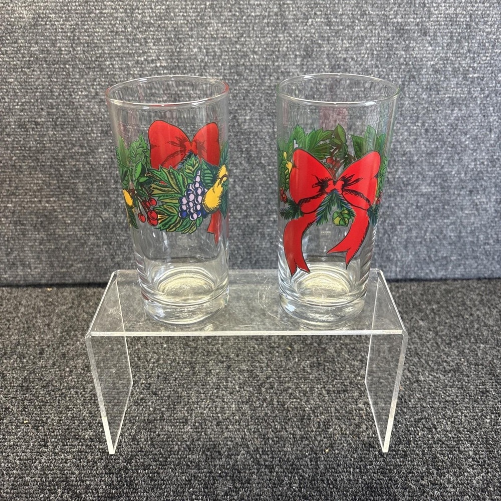 Vtg~Anchor Hocking~Holiday Tumblers~Set of 2~Fruit/Big Red Bows